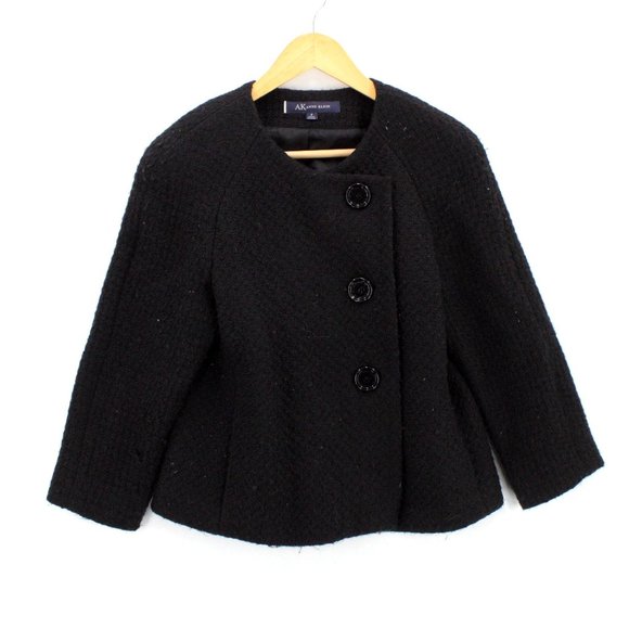 AK Anne Klein Tweed Jacket Blazer Women Black Button Front Designer Lined Size 6 - Picture 1 of 9